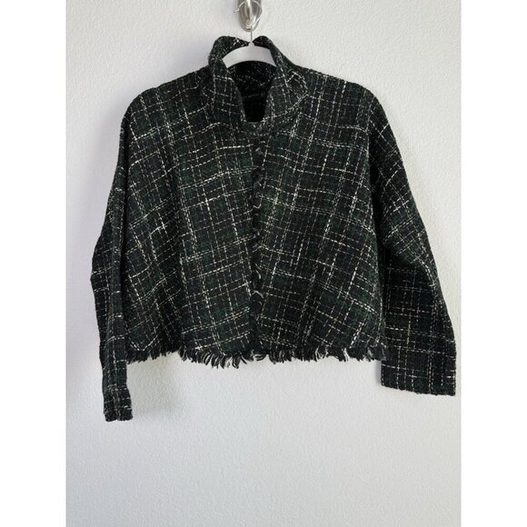ZARA WOMAN Tweed Fringed Mock Neck Front Cropped Jacket Plaid Black Green Size M - Picture 11 of 11